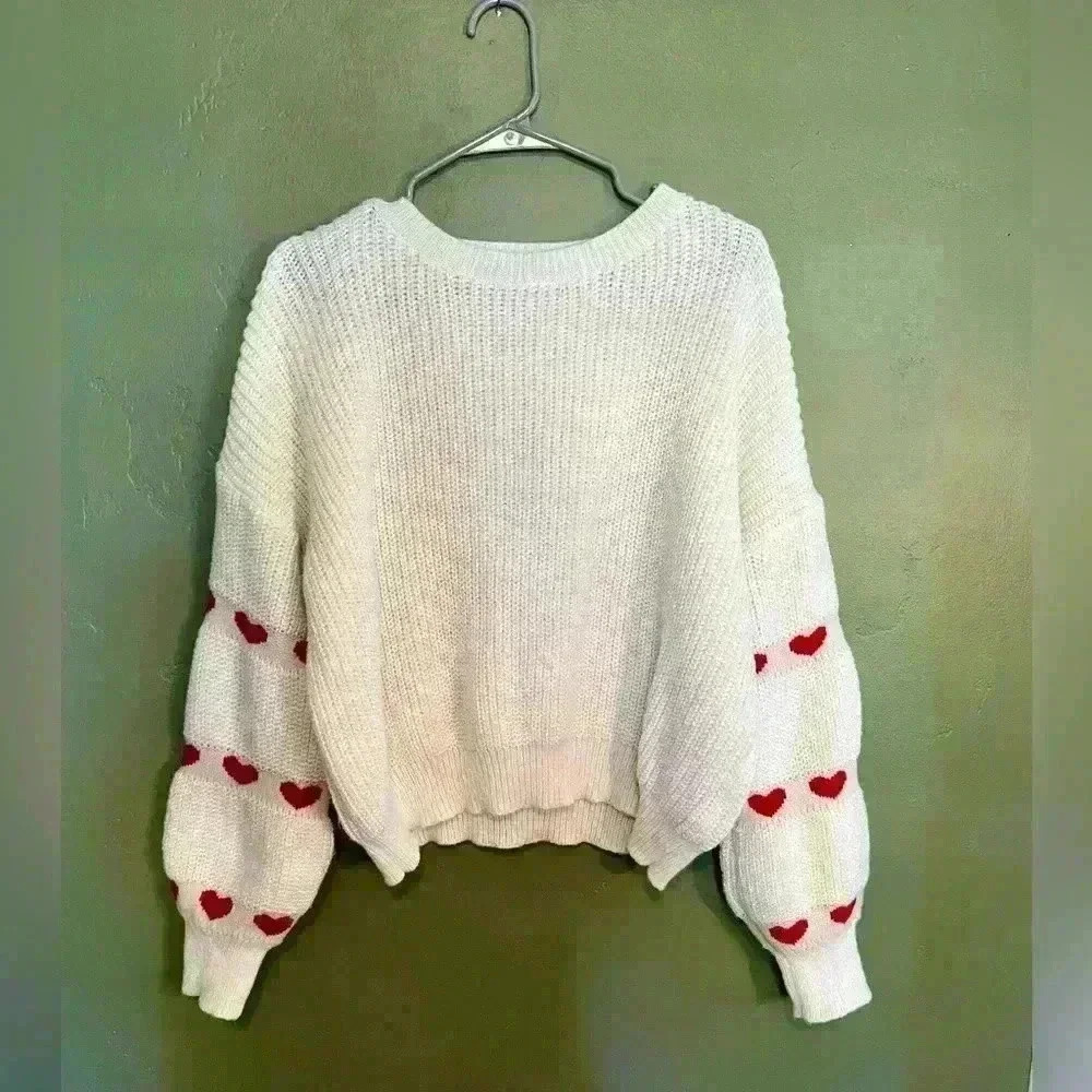 White Sweater with Heart Embellishments on Sleeves, Size Large